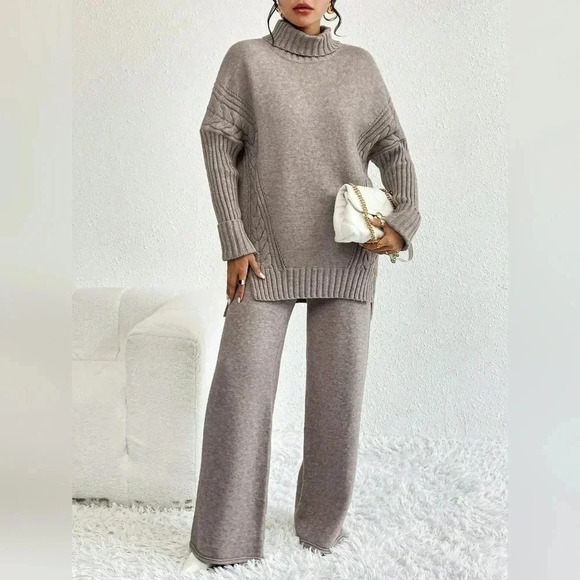 Turtleneck Drop Shoulder Split Hem Sweater & Knit Pants - Picture 2 of 8